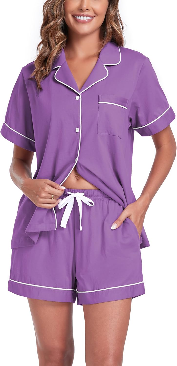 ANLIQI Womens Pajama Sets 100% Cotton Pajamas for Women Soft Short Sleeve Pj Sets Button Down Sleepwear Summer Pjs S-XXL