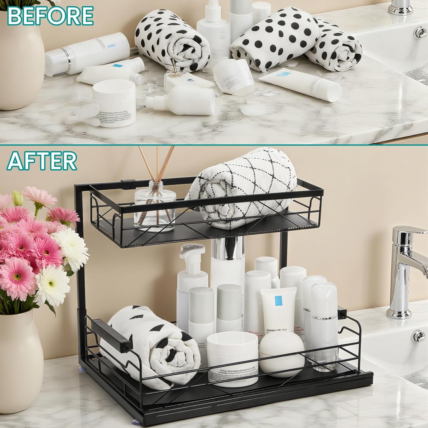 Pull Out Under Sink Organizer, 2 Tier Under Sink Storage with Suction Cups, PVC Mat, Sliding Drawer, Metal Cleaning Supplies Shelf Cabinet Organizer for Kitchen, Laundry, Pantry, Bathroom - Image 7