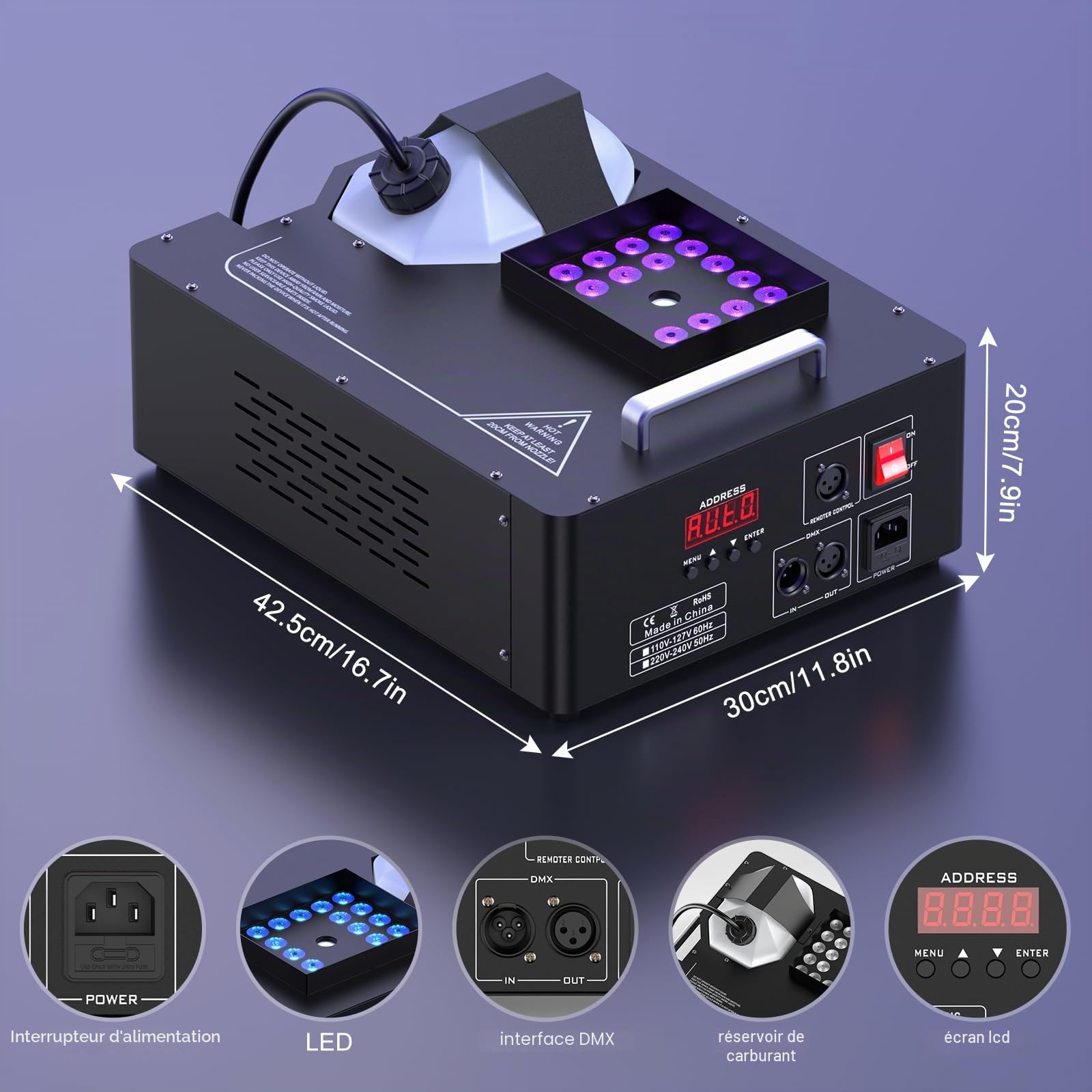 Machine à fumée de 1500 W avec 24 LED RVB, d-mx512 et télécommande pour scène de mariage, fête d'Halloween Noël