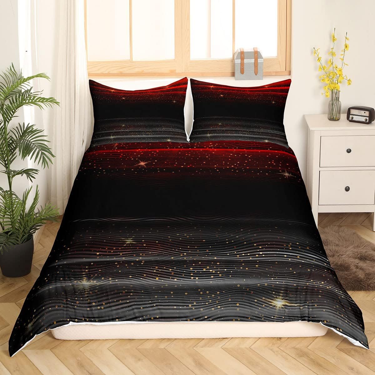 Galaxy Stars Duvet Cover Queen Black Red Ombre Bedding Set For Kids Boys Girls Gradient Bed Sets Premium Modern Watercolor 3D Print Tie Dye Comforter Cover Soft Bedding Set Bedspread Cover