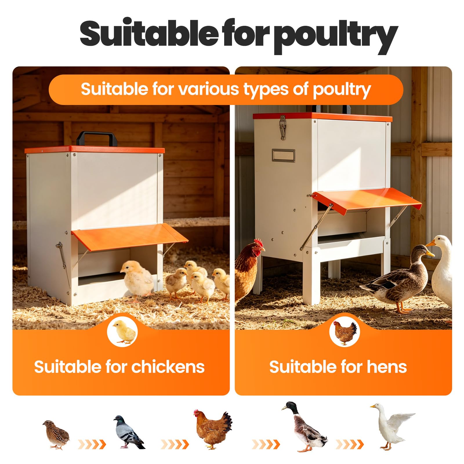 Alimentador automático de pollos colgante de metal de 30 libras, comedero para patos, para exteriores, grandes comederos para patitos al aire libre, sin residuos, alimentador automático para