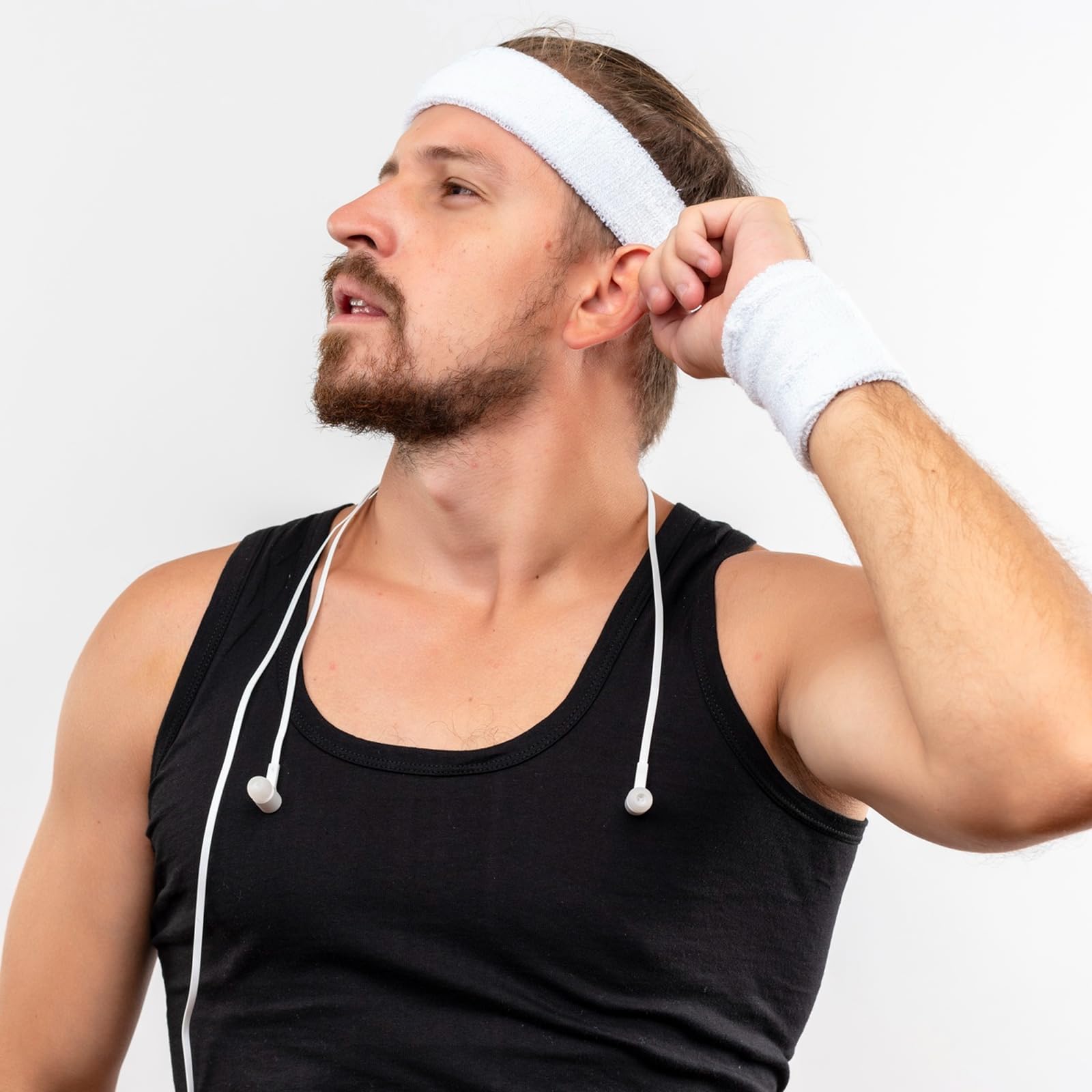 3 Pcs Sports Sweatbands Headband Wristband Set Includes 1 Sports Headband and 2 Wristband Breathable Terry Cloth Athletic Bands Wrist Sweatbands for Men Women(White)