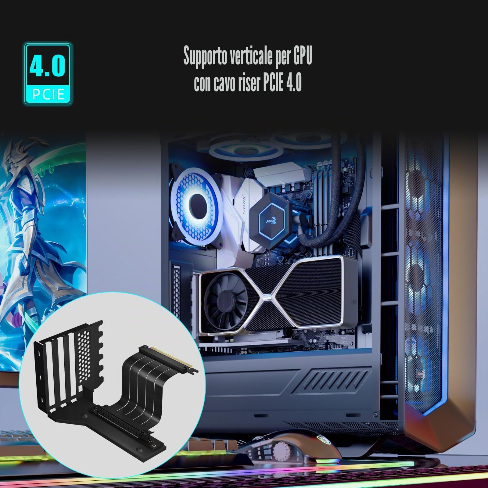 GLOTRENDS Staffa di supporto per GPU a 3 slot con Cavo Riser PCIe 4.0 150 mm per Montaggio Verticale GPU, Compatibile con serie RTX 40/30 e Radeon RX7000/RX6000, PC Cases with Open PCI 7/8-slot Design