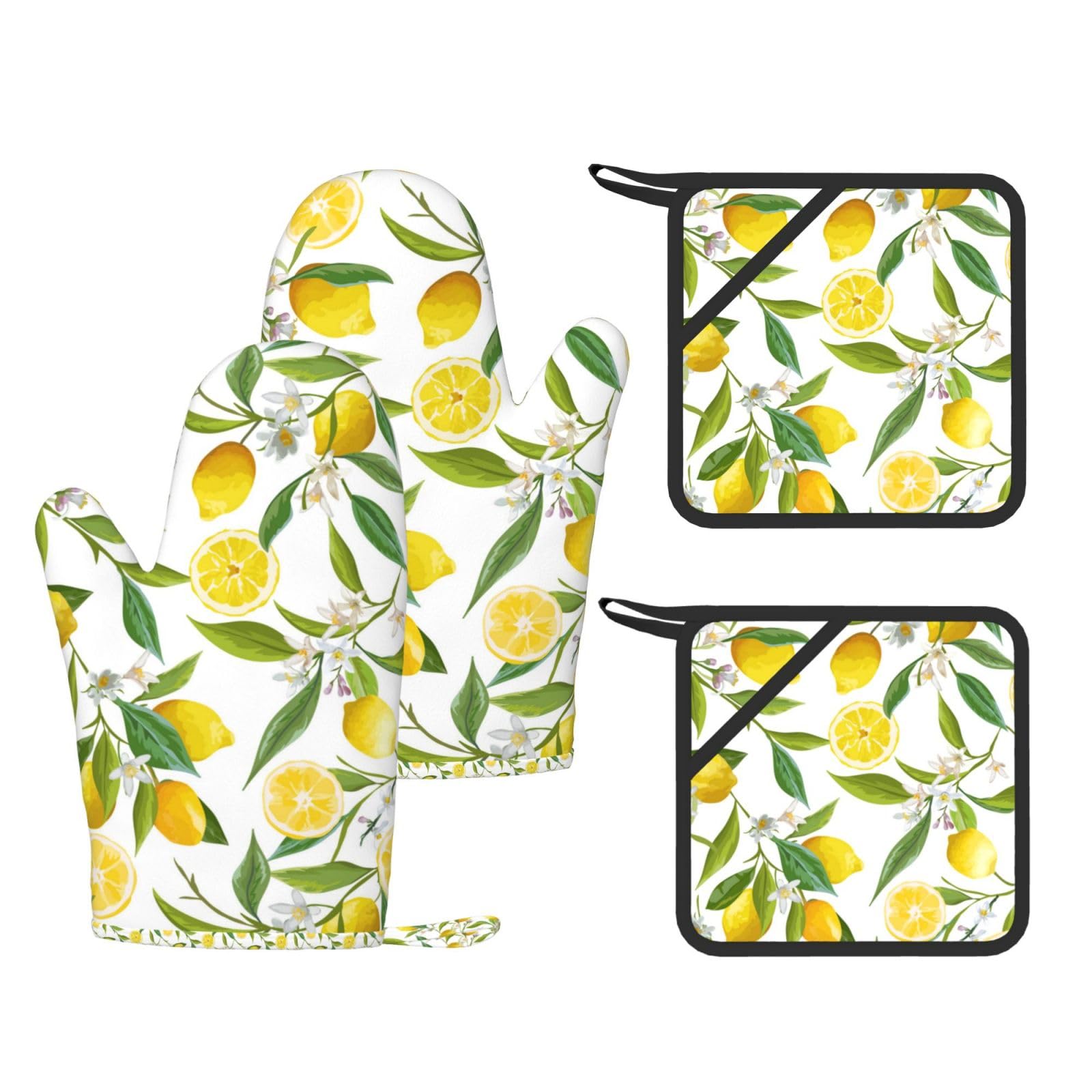 Juego de Cuatro Guantes y Manoplas Resistentes al Calor para Hornear, Guantes de Cocina Antideslizantes, Manoplas para Horno, Estampado Floral de limón.