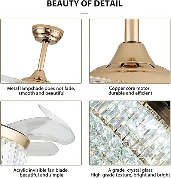 Ceiling Fan Light Chandelier Ceiling Fan Lighting, Crystal Light Dimmable Fandelier with Remote Control, Retractable Blade Comfortable Wind Speed Light(Silvery) [Energy Class A+]