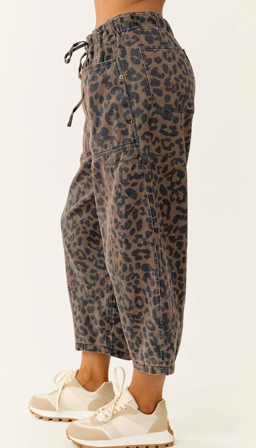 loveimgs Women Loose Leopard Print Cropped Denim Pants Barrel Jeans Elastic Waist Cheetah Wide Leg Harem Pants - Image 6