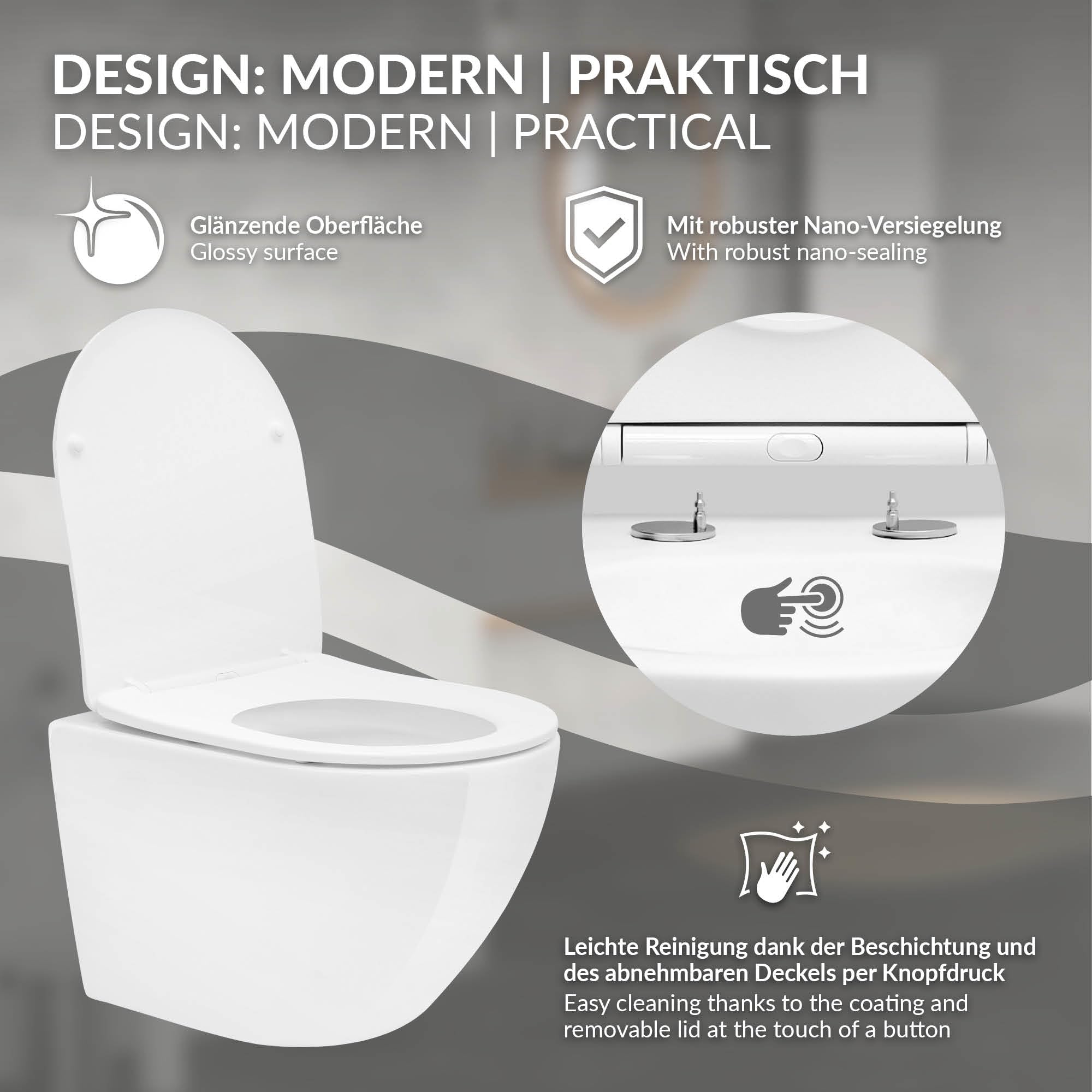 LuxeBath WC Suspendido Blanco Brillante de Cerámica sin Borde, Inodoro Colgante Corto de 49cm con Nanorecubrimiento, Descarga Profunda de Tornado para Baño Estilo modenro, Wáter con Asiento Extraíble