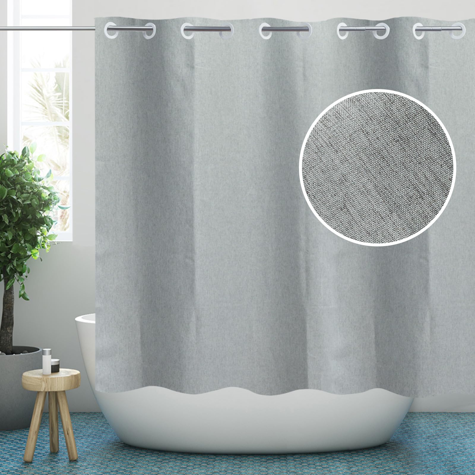 YISURE Rideau de douche gris sans crochet de style lin, rideau de douche en tissu robuste pour salle de bain, pas de crochets nécessaires, lavable en machine, 183 x 183 cm