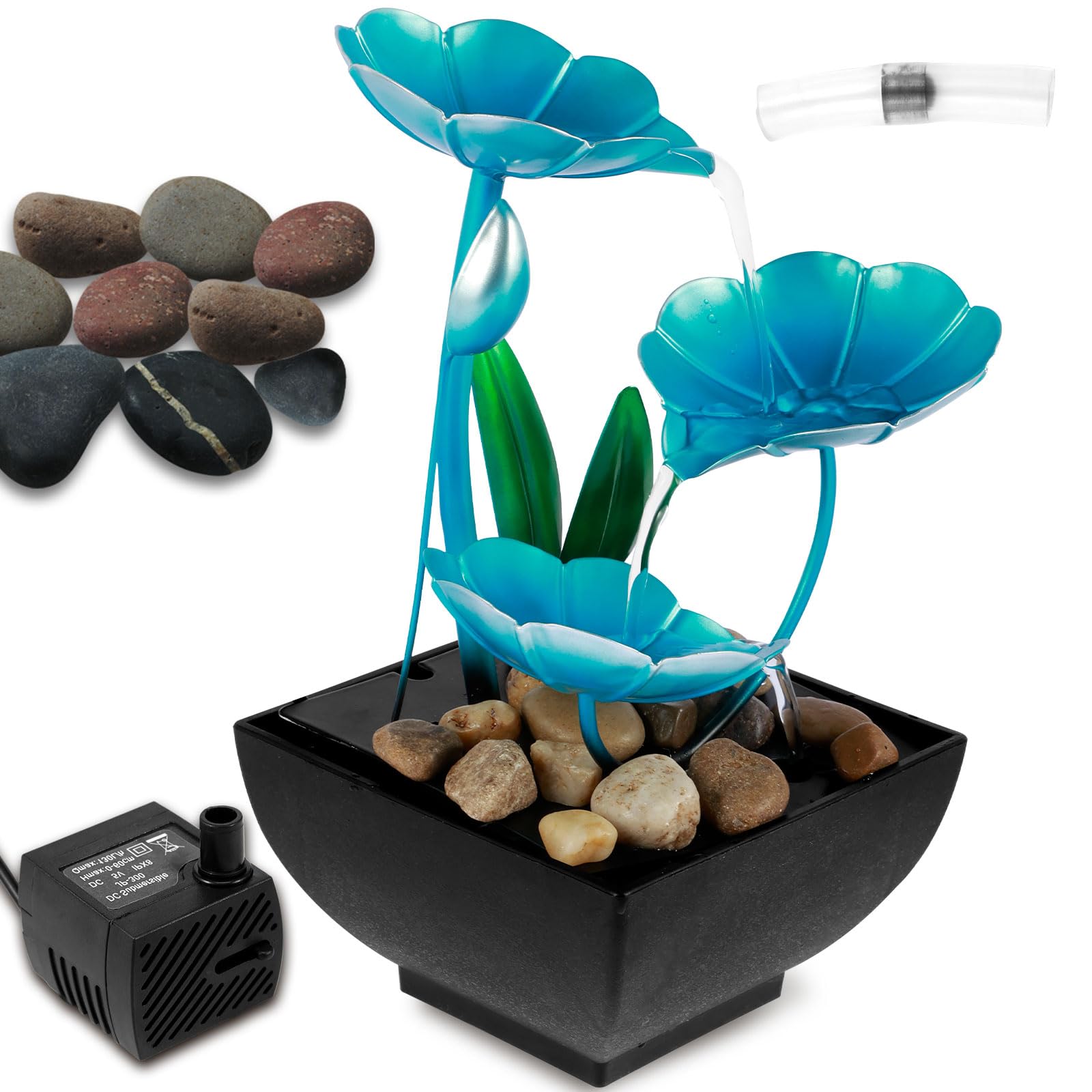 Indoor Water Fountain Tabletop Waterfall Decor USB Powered Relaxation Meditation Creative Desktop Waterfall Fountain Indoor Water Feature Reservoir for Home Bedroom Office Table Decoration(Blue Lotus)