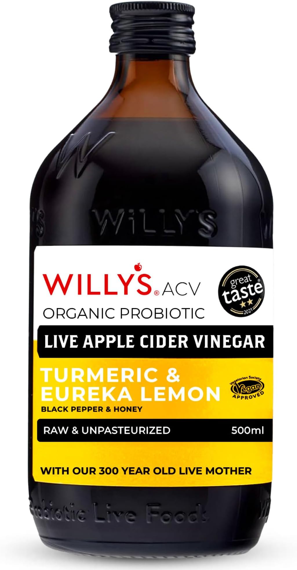 Willy's ACV Organic Probiotic Apple Cider Vinegar with Mother for Gut Health - with Turmeric & Eureka Lemon 16.9 fl oz