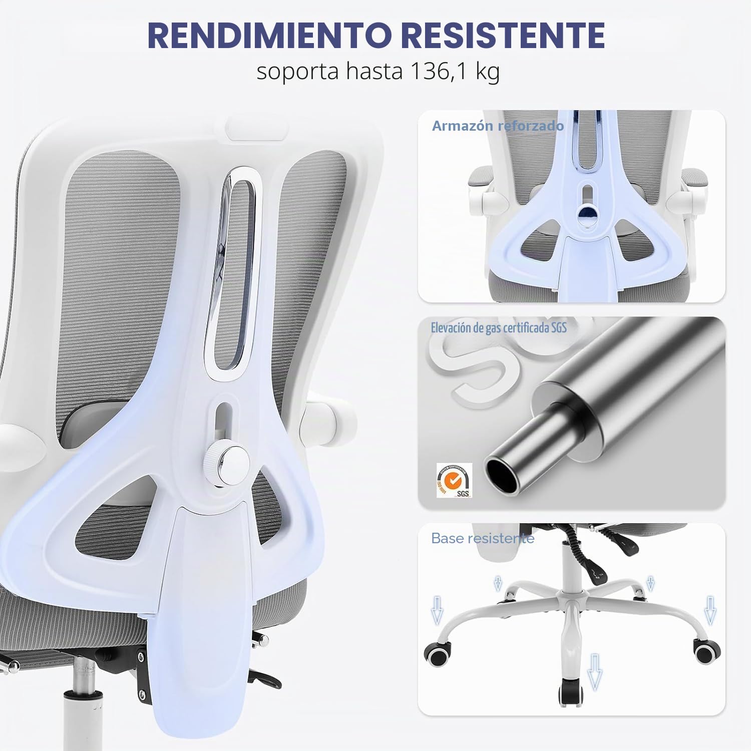 Silla de oficina ergonómica con reposapiés, soporte lumbar ajustable y reposacabezas, giratoria de 360°, gris