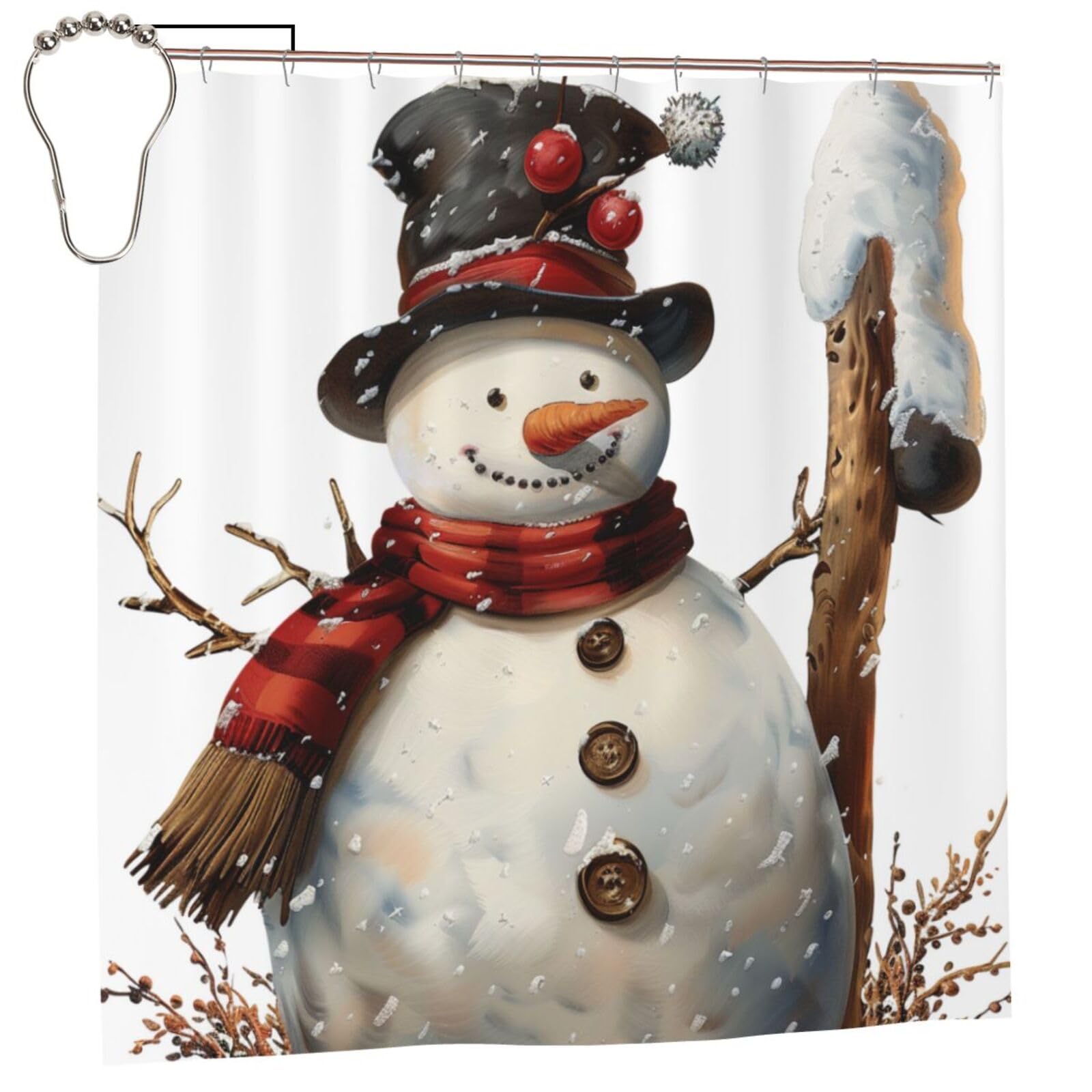 BWWHCCTI Snowman Print Printed Shower Curtain With 12 Iron Hooks Opaque Quick Drying Waterproof Shower Curtains Sets For Bathroom 183x183 CM