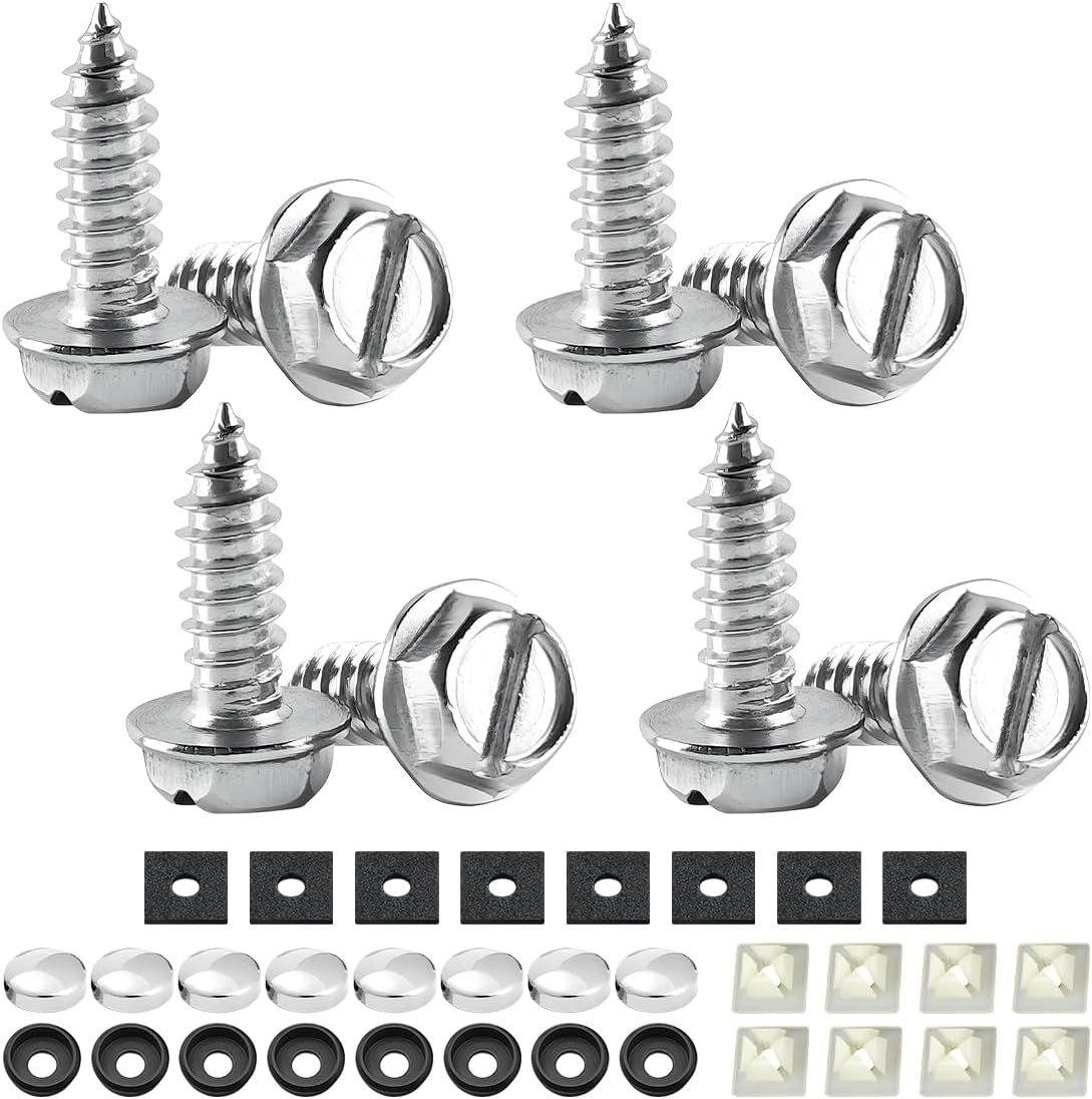 YALOK Anti Theft License Plate Screws Kits 8Sets Rustproof Stainless Steel Car Tag Plate Mounting Hardware, M6 (1/4") Tamper Proof Fastener Nut, Caps Cover for Front Rear Frame Holder (Slotted-Silver)