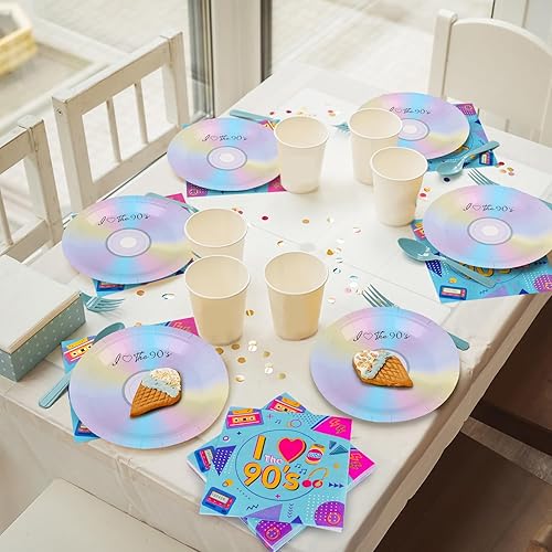 Miniatura 9 de 50 platos y servilletas de papel de fiesta de los 90 para platos de postre retro de los 90, decoración temática de 1990, juego de vajilla para