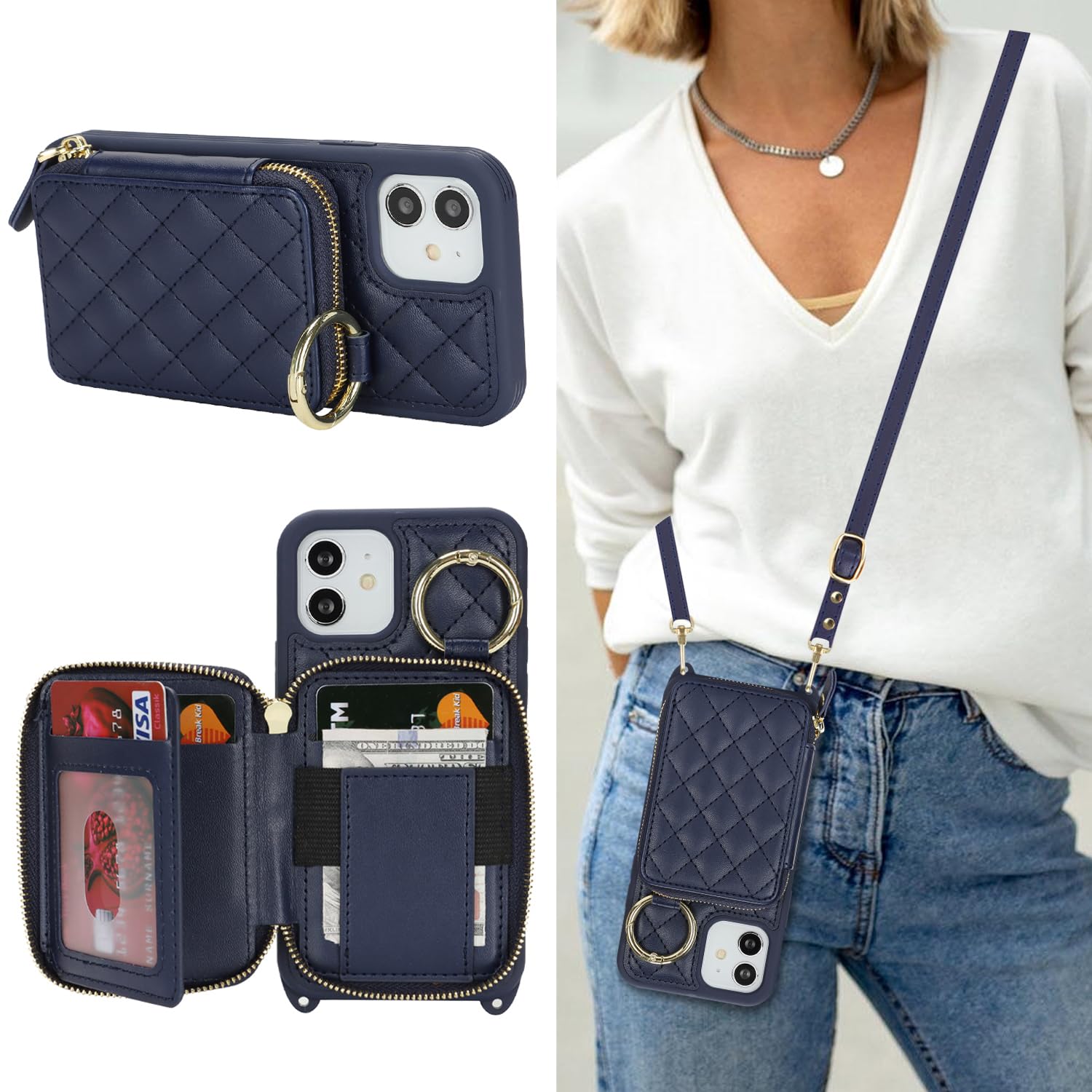Crossbody Wallet Case for iPhone 12-Blue