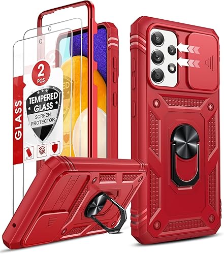 LeYi Funda para teléfono celular A52 5G, color rojo, con cubierta deslizante para cámara, funda protectora 360, soporte de soporte, protector de