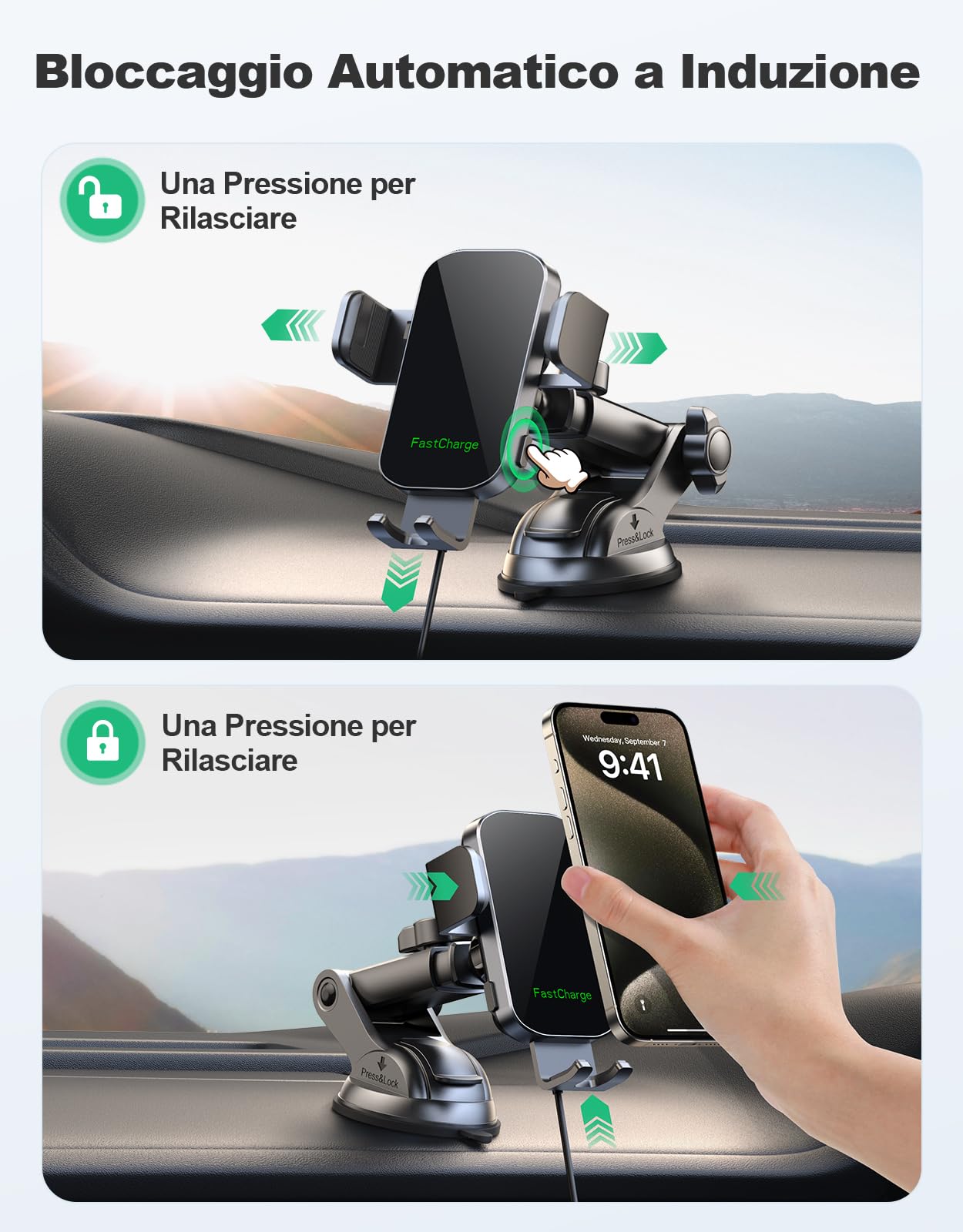 Glangeh 15W Caricatore Wireless Auto, [Ventosa+Clip+QC3.0] Auto-Bloccaggio Ricarica Wireless Auto, Porta Cellulare Auto Ricarica Wireless Compatibile con iPhone 16 15 Galaxy S24