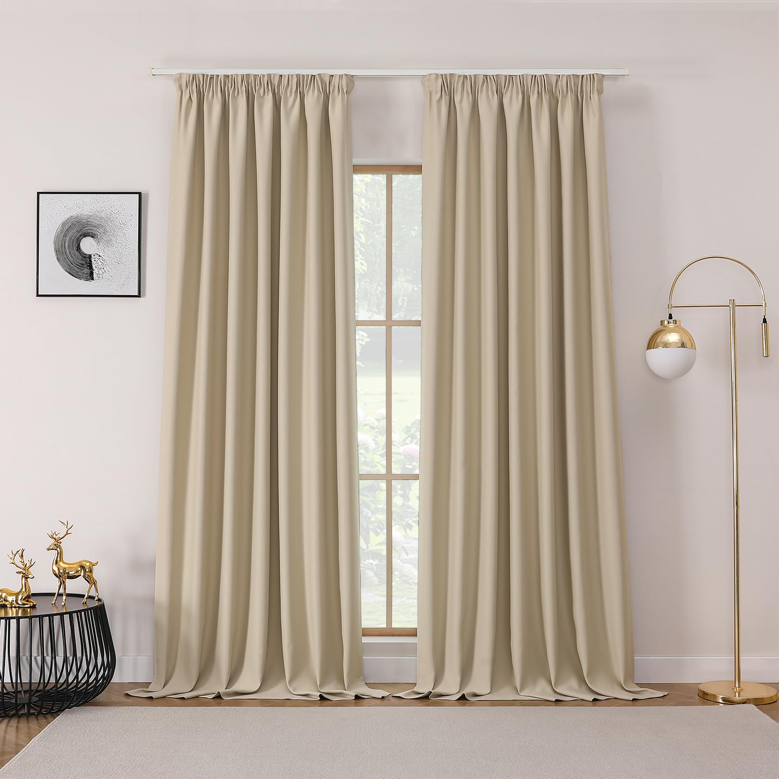 Joydeco Gardinen mit Kräuselband Blickdicht Vorhänge Schienensystem Verdunkelungsvorhang mit Haken Thermovorhang Kälteschutz Schlafzimmer Wohnzimmer 2er Set 245x132cm Hellbeige