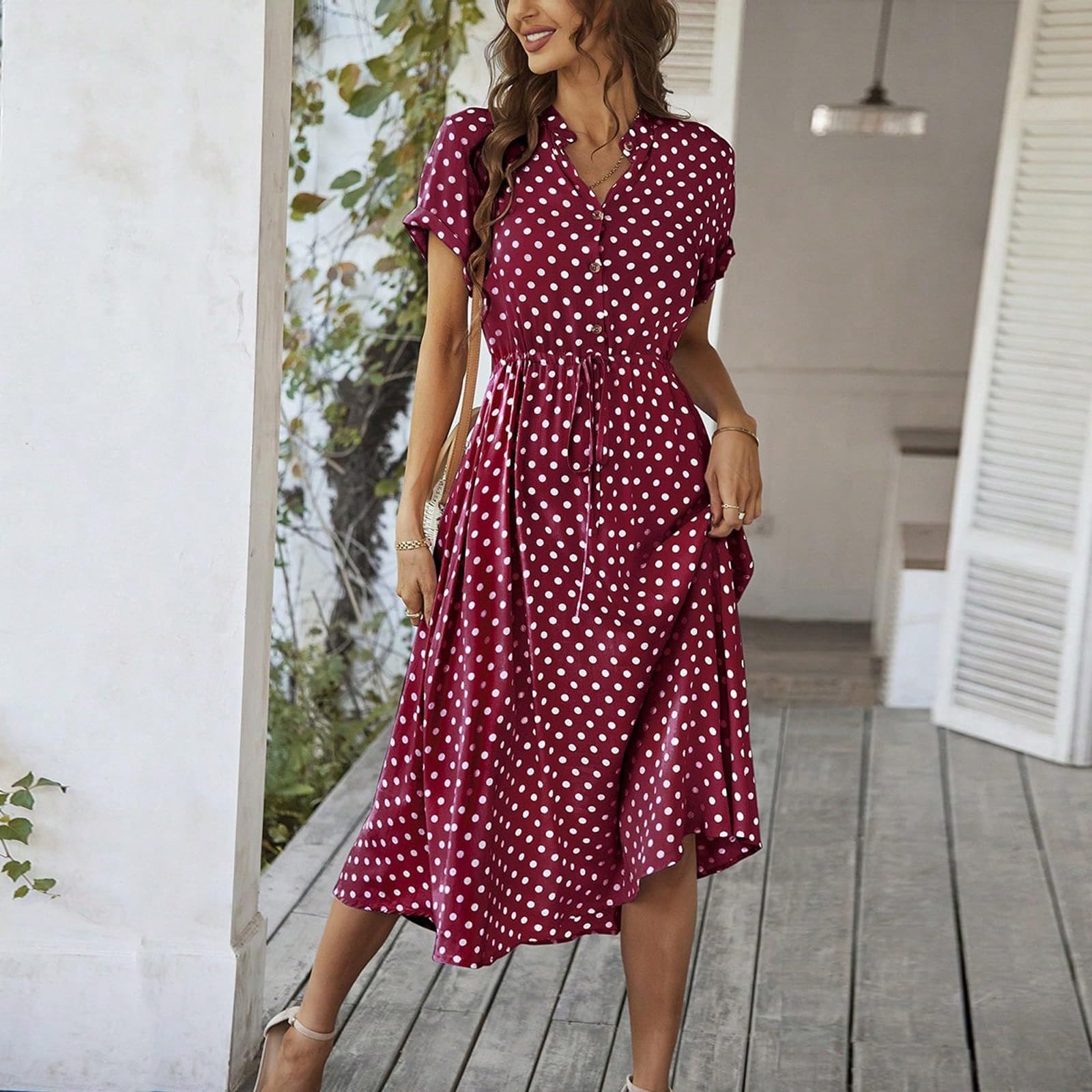 Summer Dresses for Women 2025 Short Sleeve Ruched Tie Waist Dress Polka Dot Button Down Boho V Neck Dress Trendy Elegant Modest Vacation Travel Midi Sundress Flattering Beach Casual Flowy Sundresses