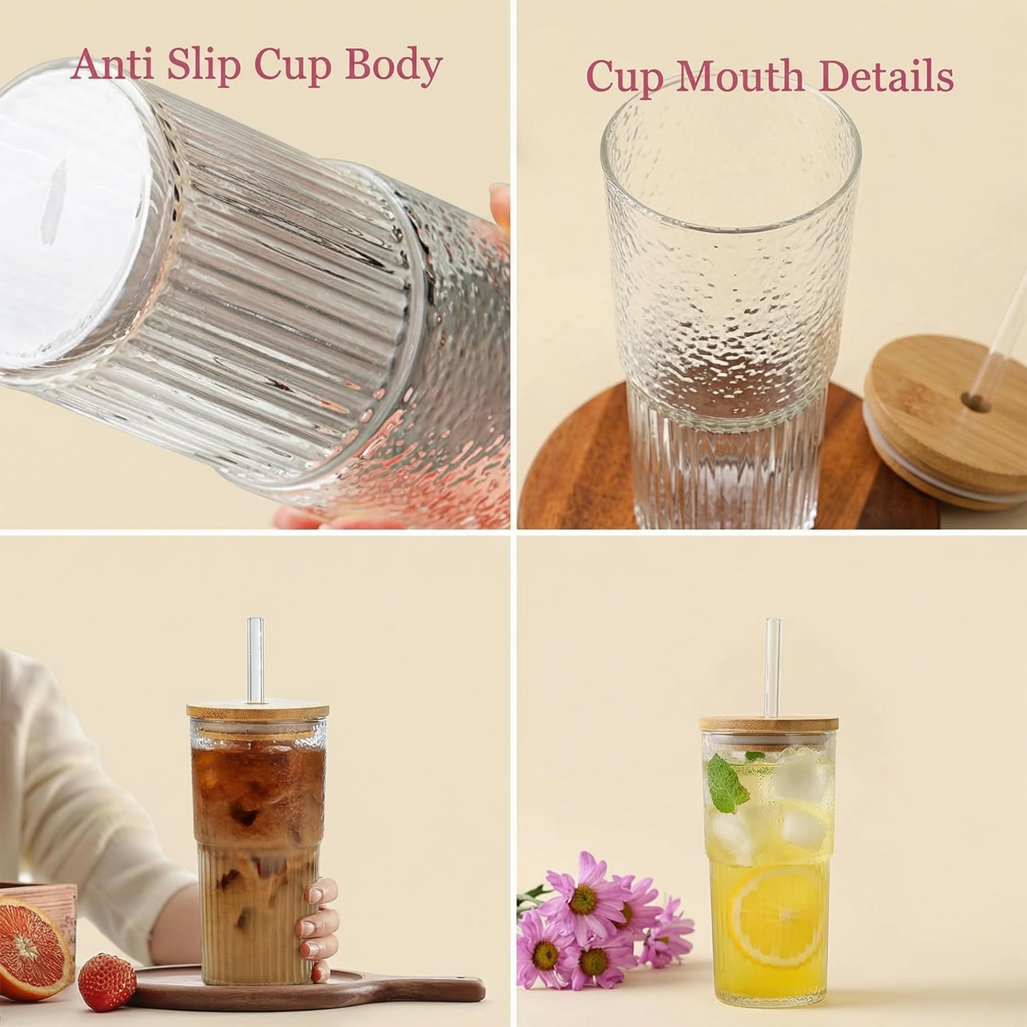 VITEVER 2 vasos de agua de cristal transparente a rayas con tapa, vasos acanalados, vasos de café helado, juego de vasos largos, vasos de cristal, vasos de té de burbujas (22 oz)