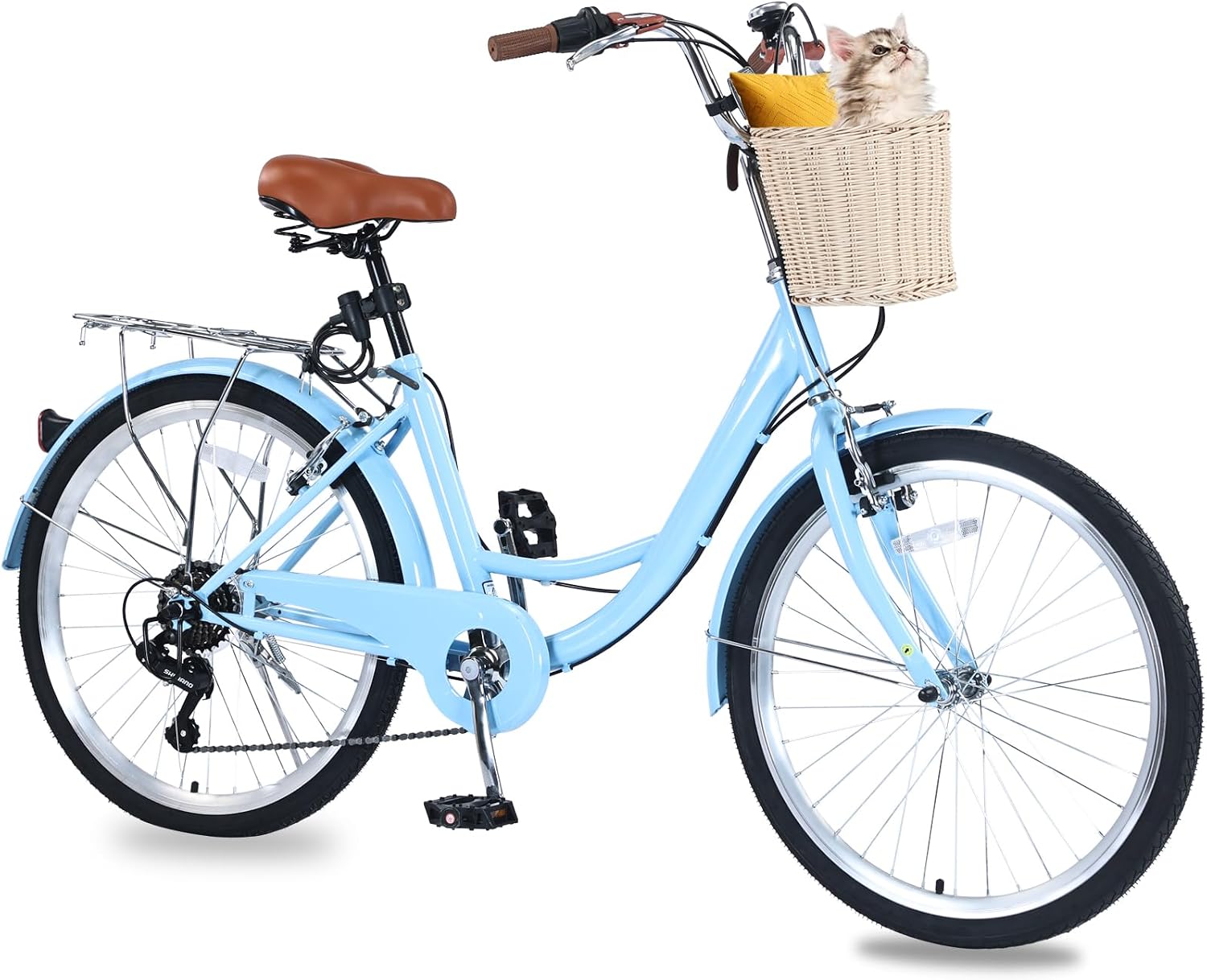 Bicicleta playera para mujer 7 velocidades con canasto frontal rattan