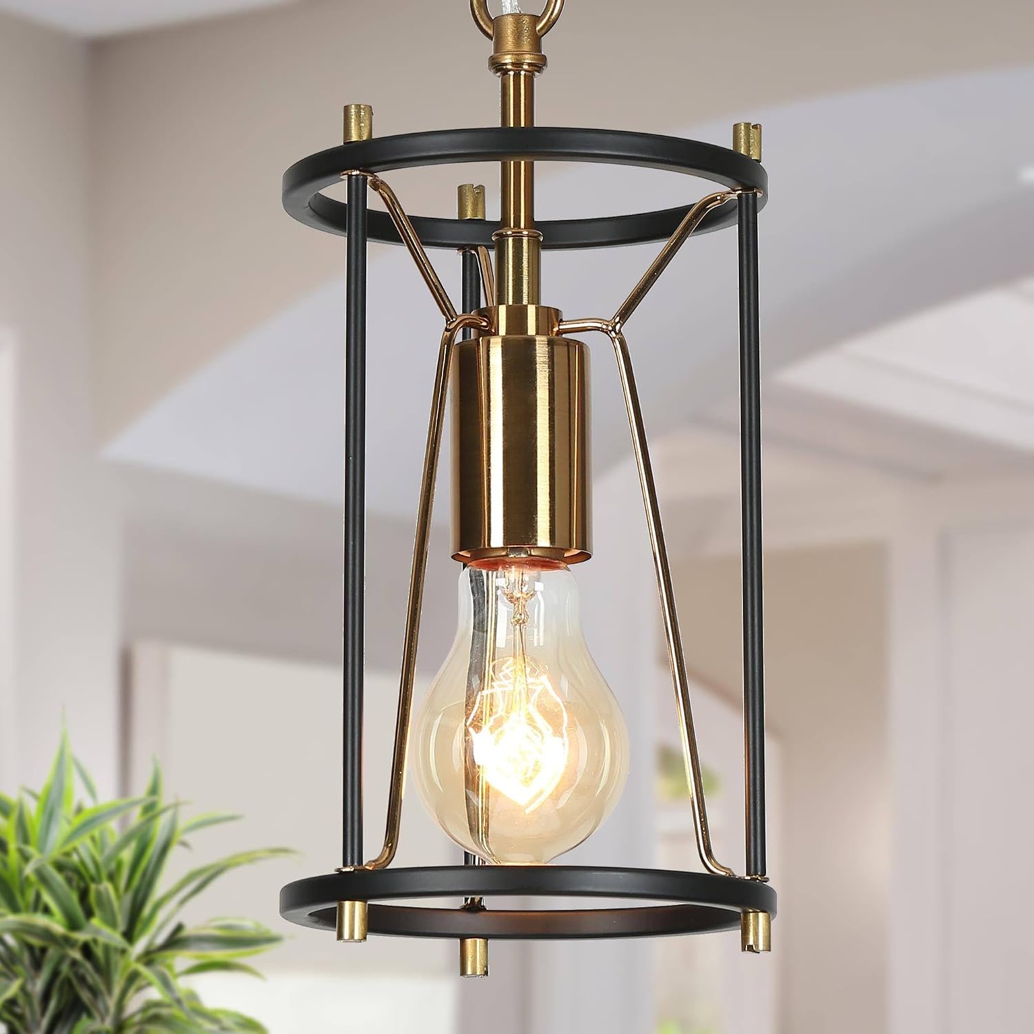 KSANA Pendant Lights Kitchen Island, Mid-Century Modern Ceiling Hanging Light Fixtures, Adjustable Black and Gold Cage Pendant Light