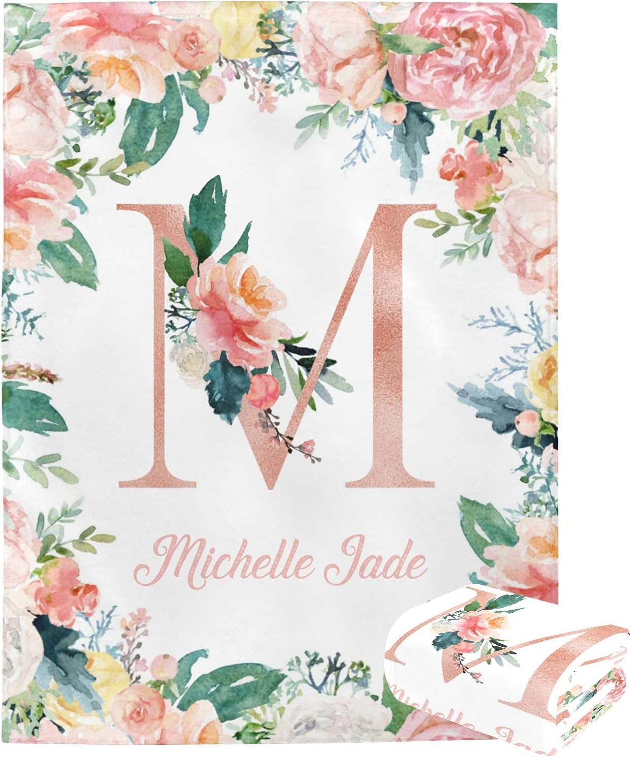 Personalized Baby Blanket Monogram Floral Alphabet Custom Nursery Swaddling Blankets 30x40 Inches for Baby Boy Girl with Name Baby Shower Birthday Gift