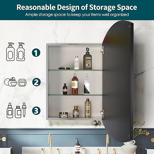 Miniatura 5 de Movo Armario ovalado de aluminio con espejo medicinal, 16 pulgadas de ancho x 26 pulgadas de alto, gabinete de medicina con marco negro con puerta