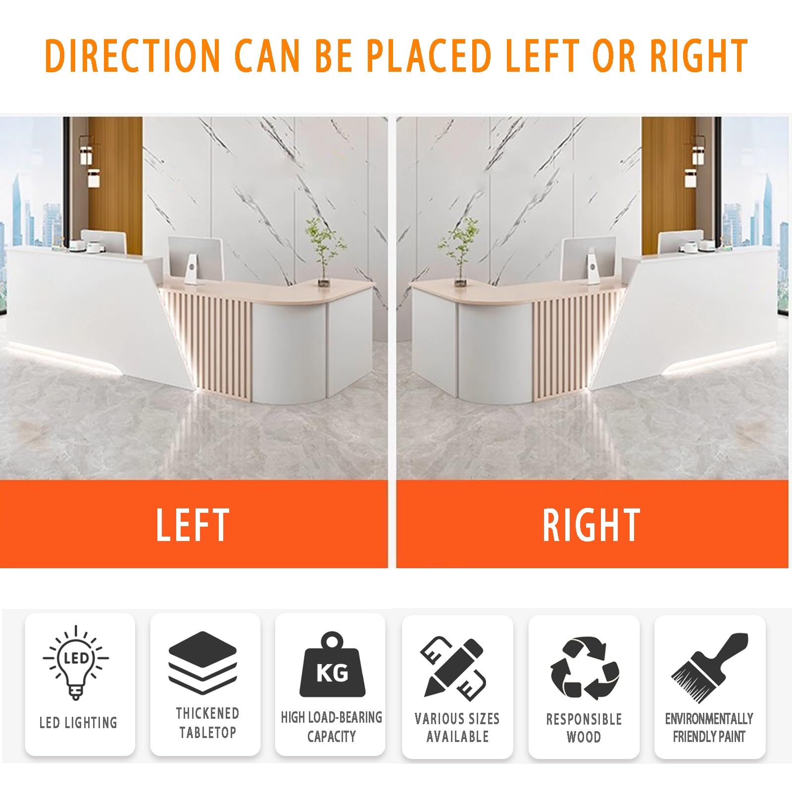 Banco Reception A L Con Ripiano Per Tastiera, Cassetto Con Serratura, Luce LED, Griglia In Legno Massello, Adatto Per Negozi Di Abbigliamento, Hall(Gray,RIGHT_180X60X100CM)
