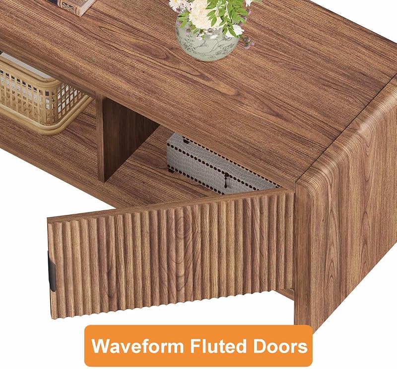 FATORRI TV Stand for 75/65/55 Inch TVs, Farmhouse Entertainment Center with Storage, Wood Waveform Fluted-Door Television Media Console for Living Room,Bedroom (63" W, Walnut) image 4