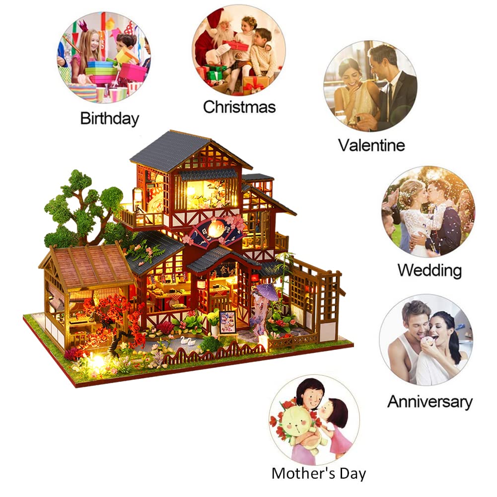 Casa de muñecas de hotel de estilo japonés retro en miniatura, muebles de madera, kit de casa de muñecas con LED, arte creativo para habitación, regalo para niños adolescentes