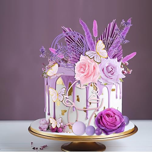 Miniatura 42 de MTLEE 51 piezas de decoración bohemia rosa para tartas de oro rosa, decoración de flores de pastel de feliz cumpleaños, decoración de pastel