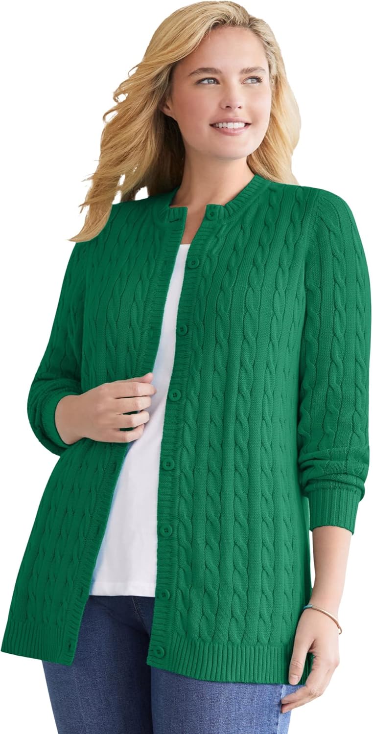 Woman Within Plus Size Cotton Cable Knit Cardigan Sweater