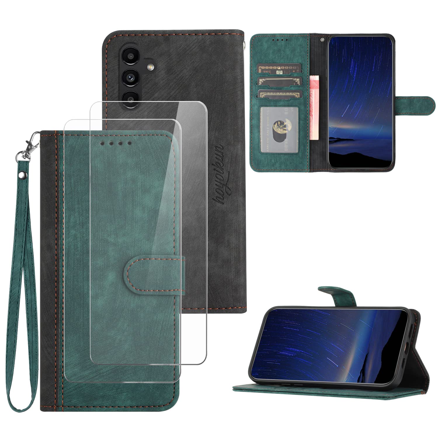 Funda Compatible con Samsung Galaxy A14 5G,Regalar 2 Piezas Protector de Pantalla.Flip Leather Edition,Funda de Cuero PU con Cáscara de TPU,[Soporte Plegable] [Cierre magnético]-Verde - 1