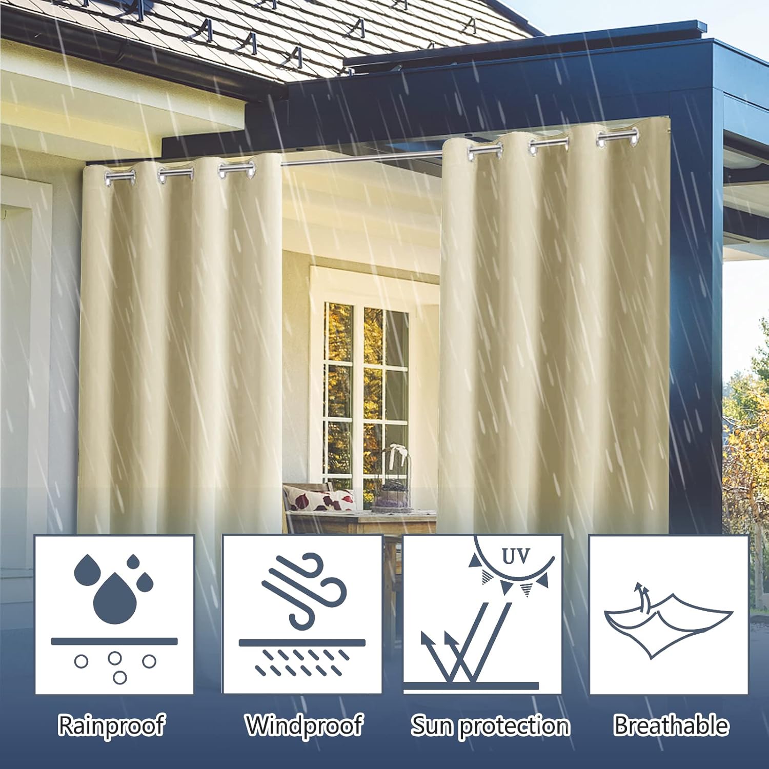 Outdoor Patio Curtain Weighted Waterproof Drapes Blackout Thermal Insulated Privacy Curtains for Gazebo Porch Balcony Garden [1 Panel,40 in x 70 in (W x L),Cream Color]