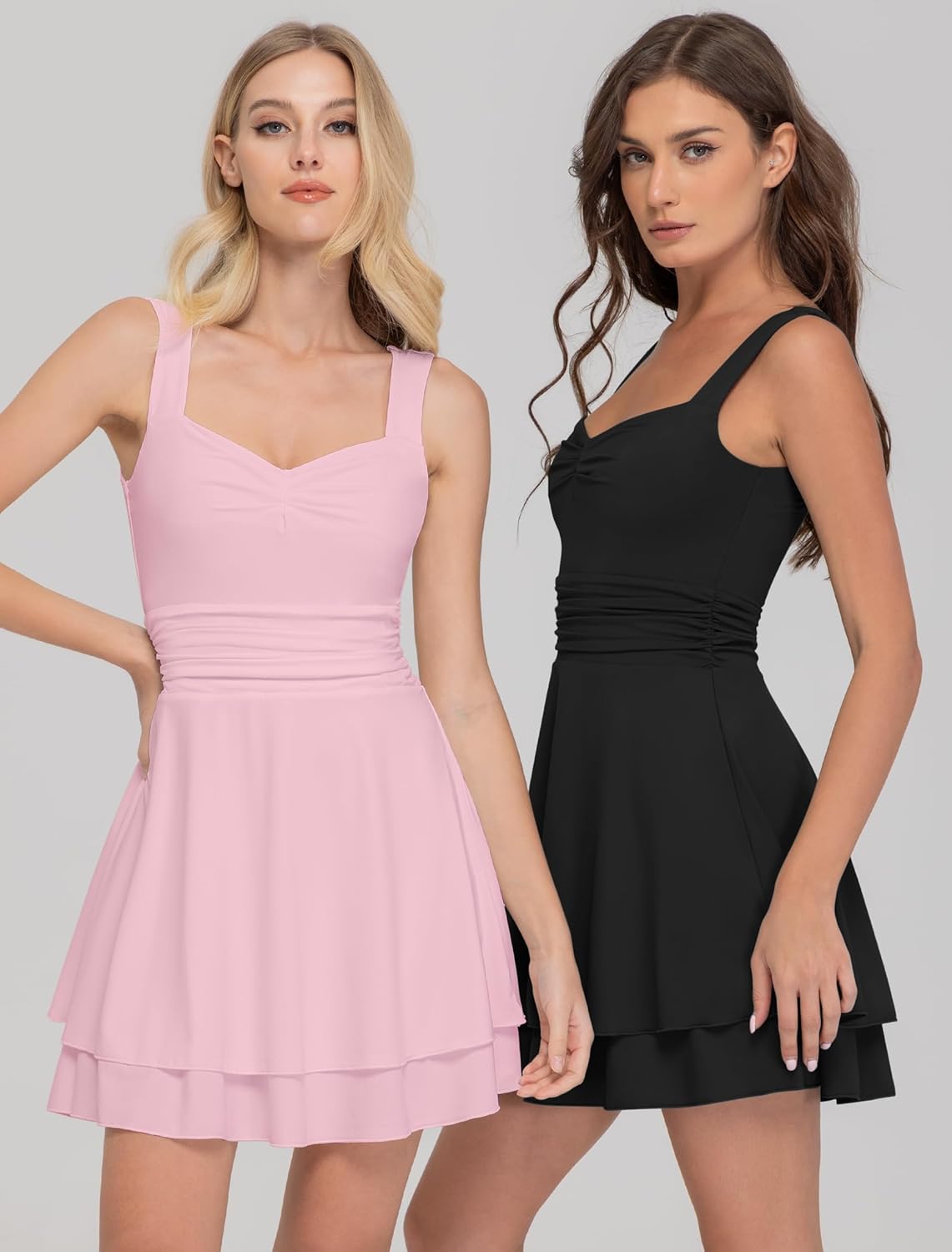 IWD Women's Square Neck Sleeveless Mini Dress Ruched Waist Tiered Ruffle Hem A Line Short Dresses - Image 5