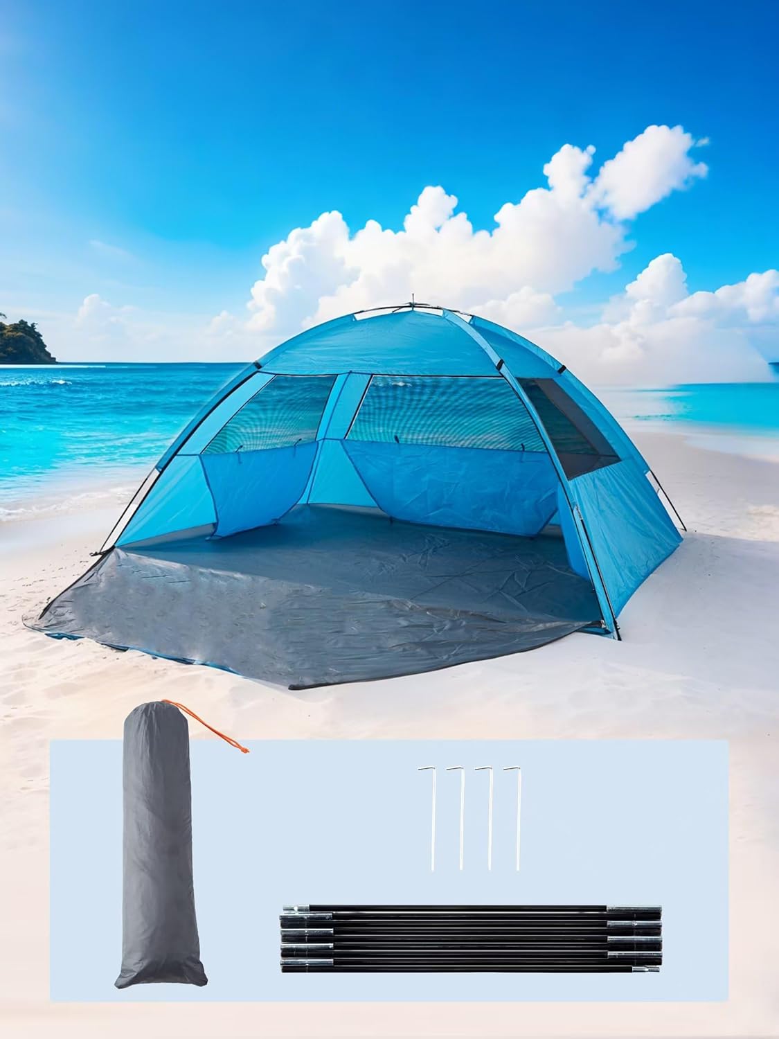 Easy Set-Up Beach Tent - UPF 50+ Sun Shelter for Family (2-3 Person), Portable Instant Sun Shade with 3 Mesh Windows, Windproof Stakes & Storage Pockets, for Beach, Camping, Picnics - Image 7