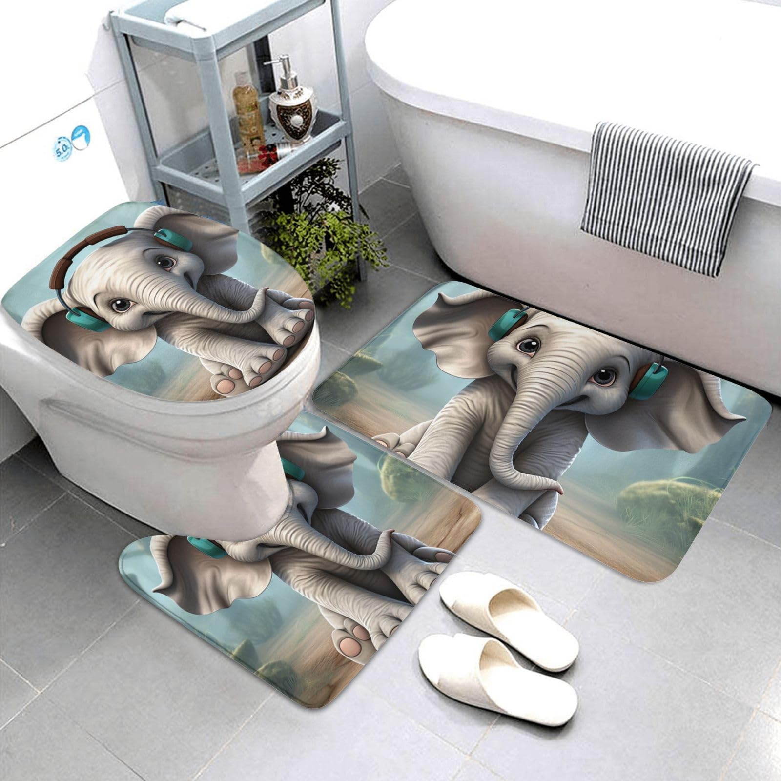 Tapis de salle de bain antidérapants lavables avec contour WC et tapis de bain gris