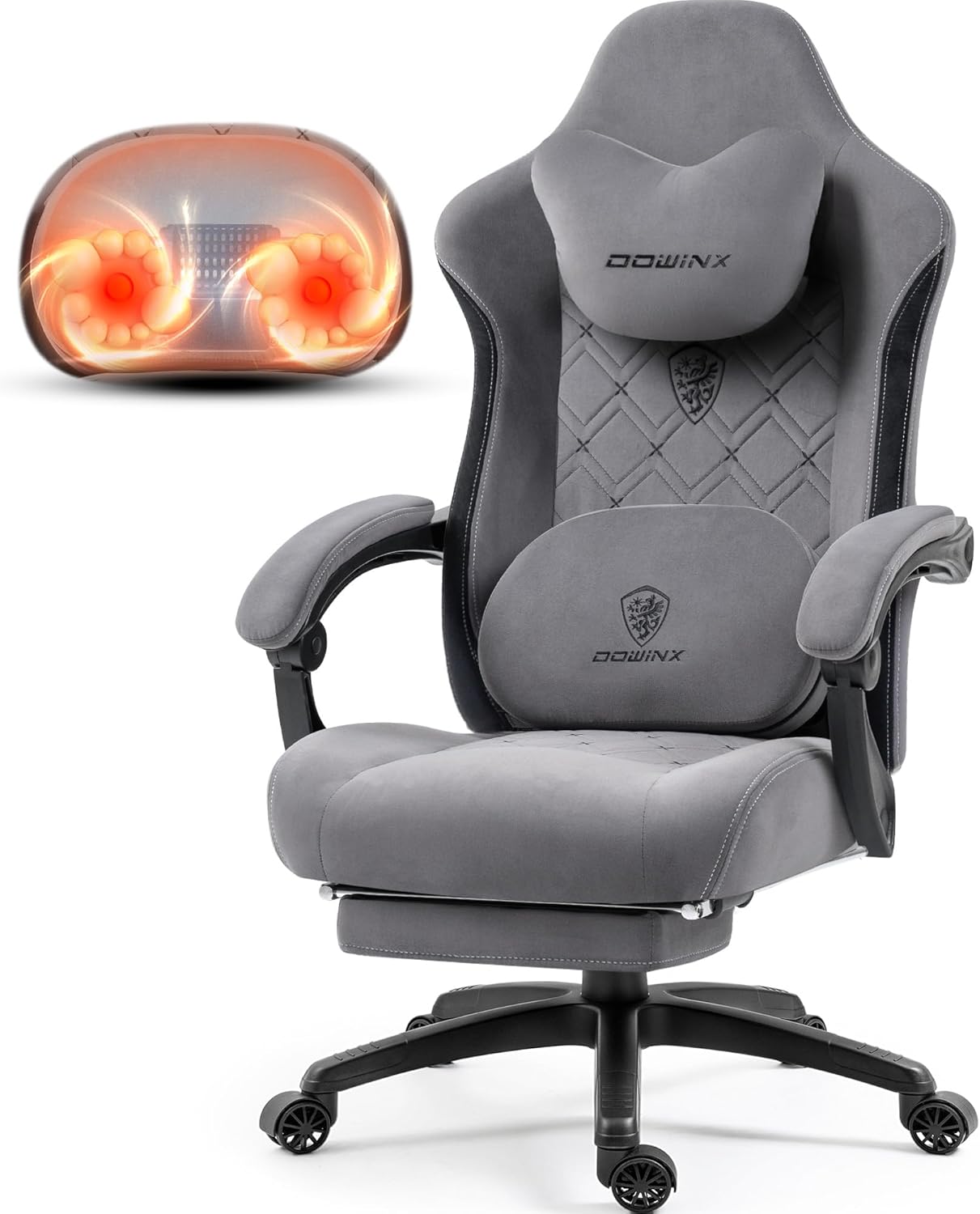 71IvbBNfAKL._AC_SL1500_ Dowinx Fabric Gaming Chair with Heated Massage Lumbar Support, Gamer Chairs for Adults, Big and Tall Game Chair with Pocket Spring Cushion and Footrest, Recliner High Back Chairs for Adult,Grey