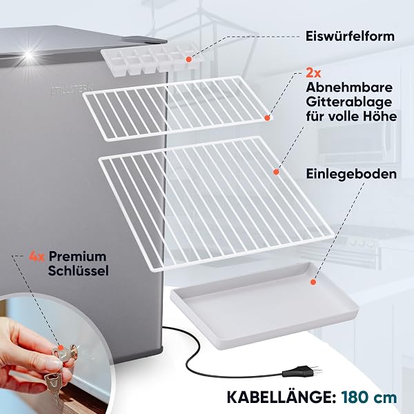 Stillstern Mini Gefrierschrank (42L) -18°C, Eiswürfelschale, Schloss, Türanschlag wechselbar, 4-Sterne Tiefkühlschrank für Camping/Büro Gefriertruhe Klein Gefrierschrank Klein Tiefkühltruhe Silber - 5