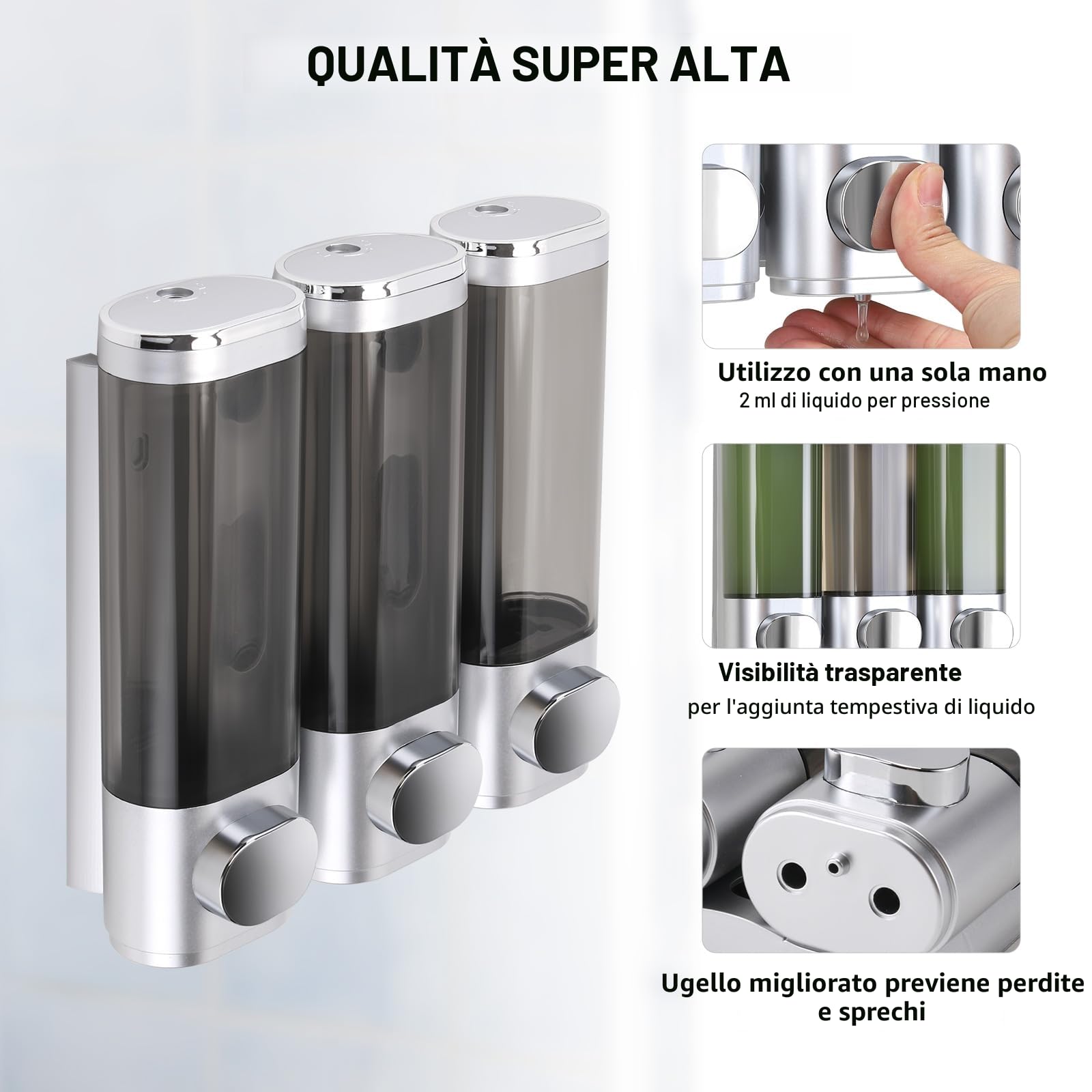 Set di 3 dispenser per sapone, fissaggio a parete, senza foratura, distribuzione uniforme del liquido, anti-perdite, adatto per shampoo, gel doccia, sapone liquido, balsamo, argento