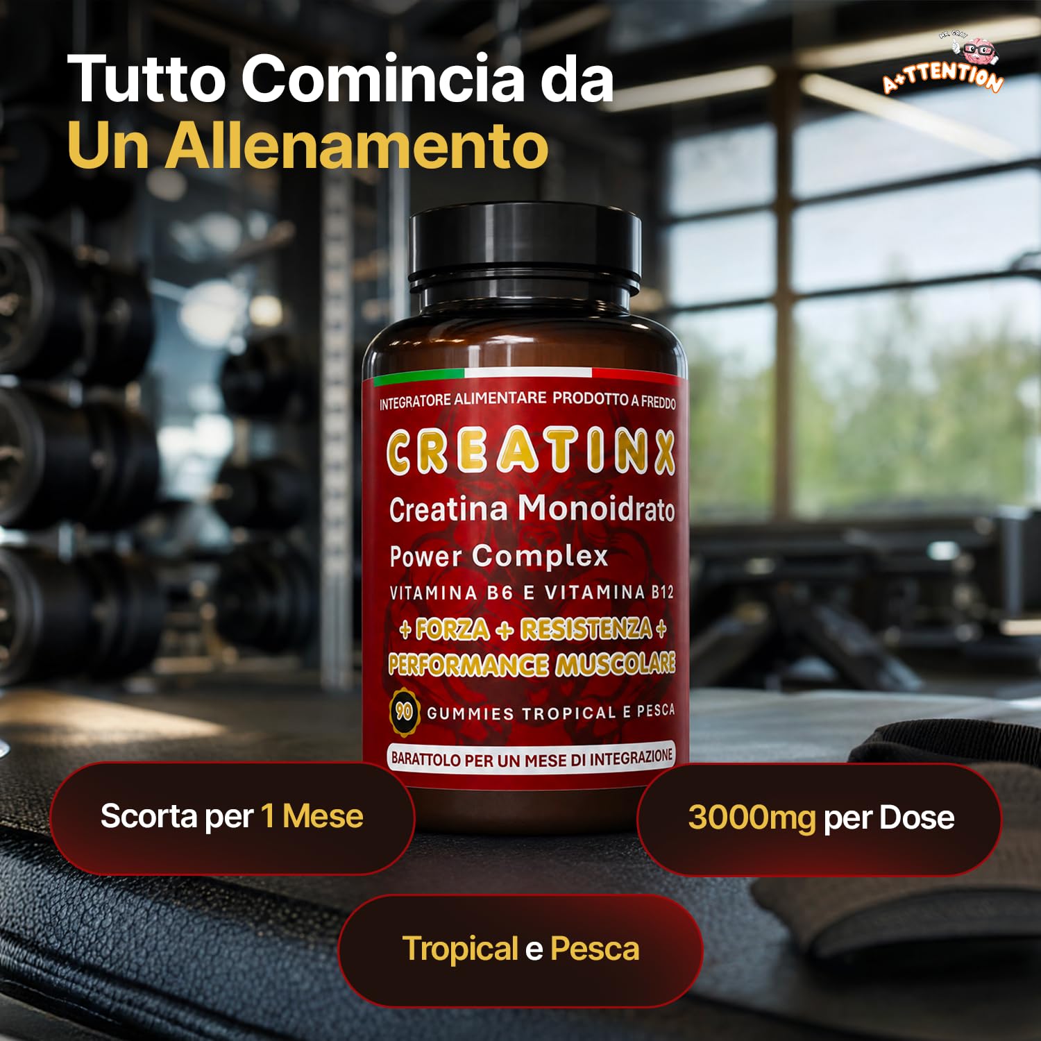 A+ttention Mr.Gray CREATINX|Creatina Bio Monoidrato 90 Gummies Prodotto a Freddo |Vitamina B6 e B12 | Forza Resistenza Performance |Gusto Tropical e Pesca|1 Mese di Fornitura|Senza Glutine e Lattosio