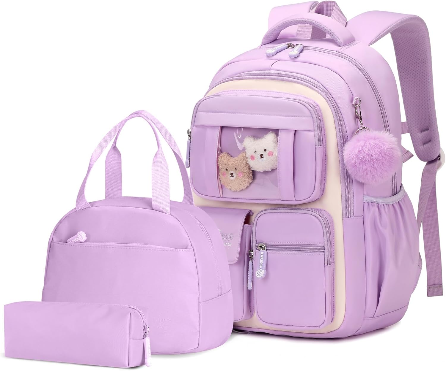 Amythe Girls Backpack with Lunch Box 3Pcs, Kawaii School Bag Set for Kid Elementary Middle School, Multi-Pocket Cute Laptop Bookbag Lightweight, Purple
