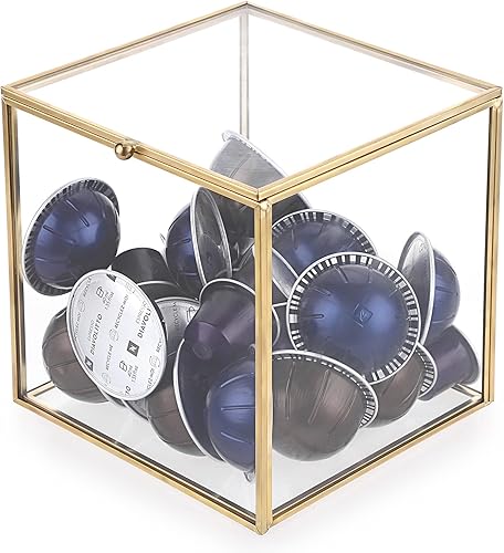 Miniatura 8 de ELLDOO Soporte para cápsulas de café de vidrio dorado, caja de almacenamiento de cápsulas de café con tapa, bolsas de té, paquetes de azúcar,
