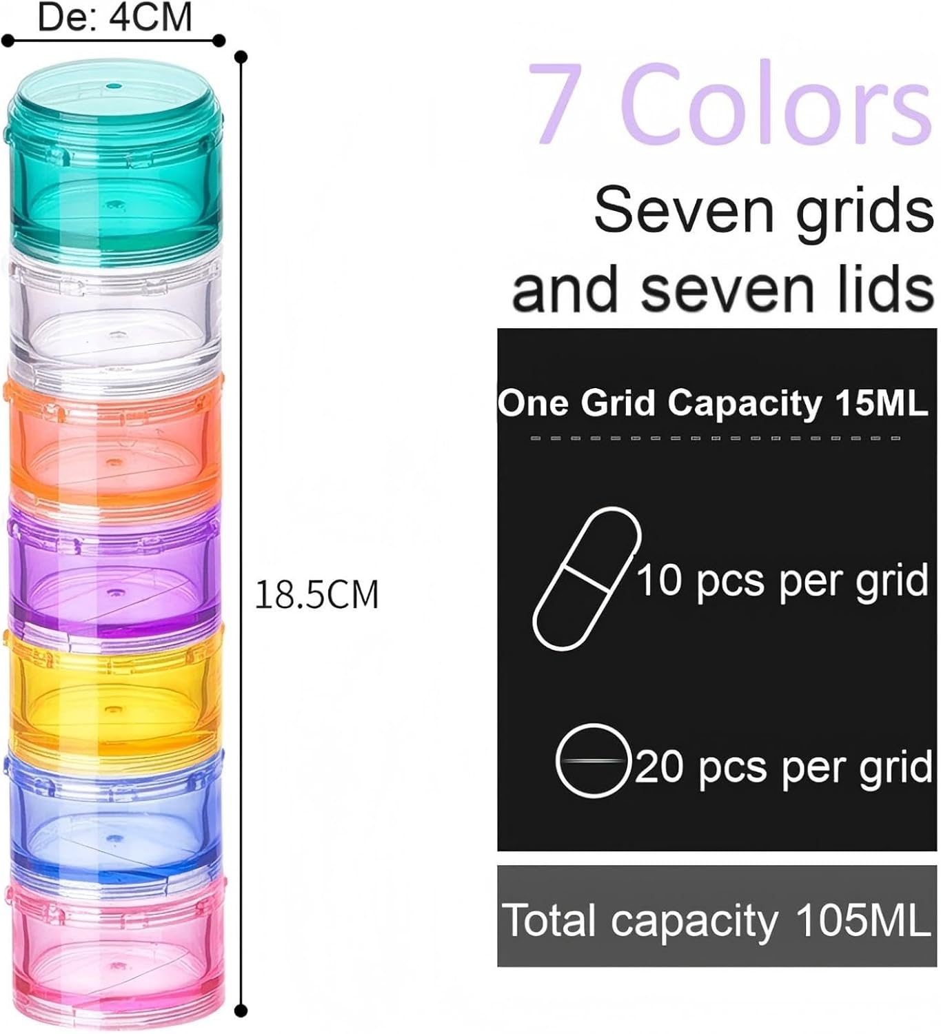 Stacking Pill Box Vitamin Organizer 7 Day Travel Case Holder Container (Multicolor, S)