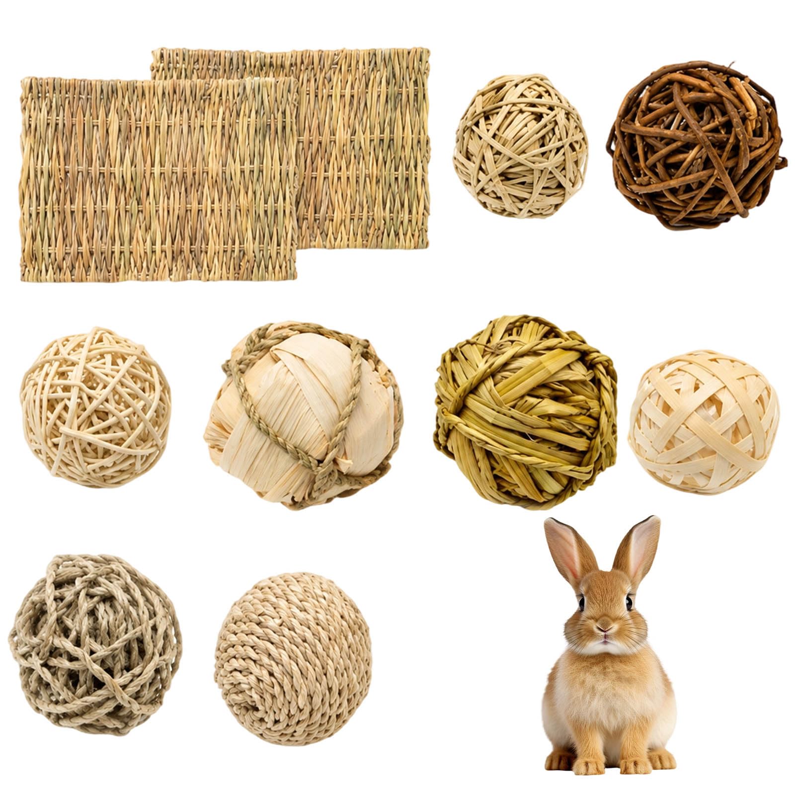 Hsuxugy 10Pcs Set Rabbit Chew Toys, Boredom Breaker for Small Pets, Bamboo Woven Mats and Chew Balls Set for Bunny Guinea Pig Chinchilla Hamster Daily Teeth Grinding and Interactive Play