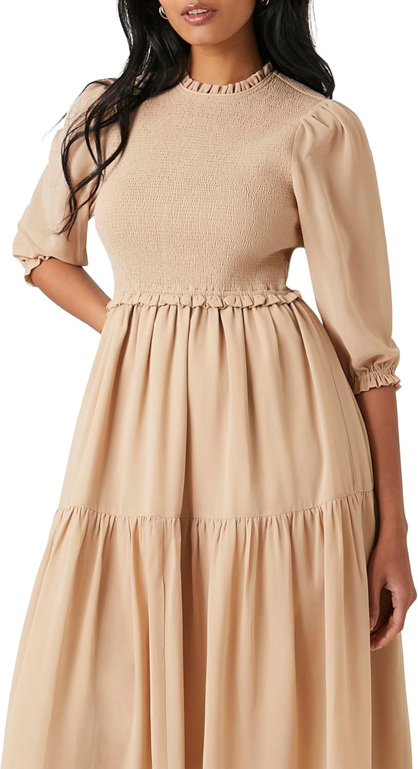Forever 21 Womens Smocked Chiffon Peasant-Sleeve Dress - Image 4