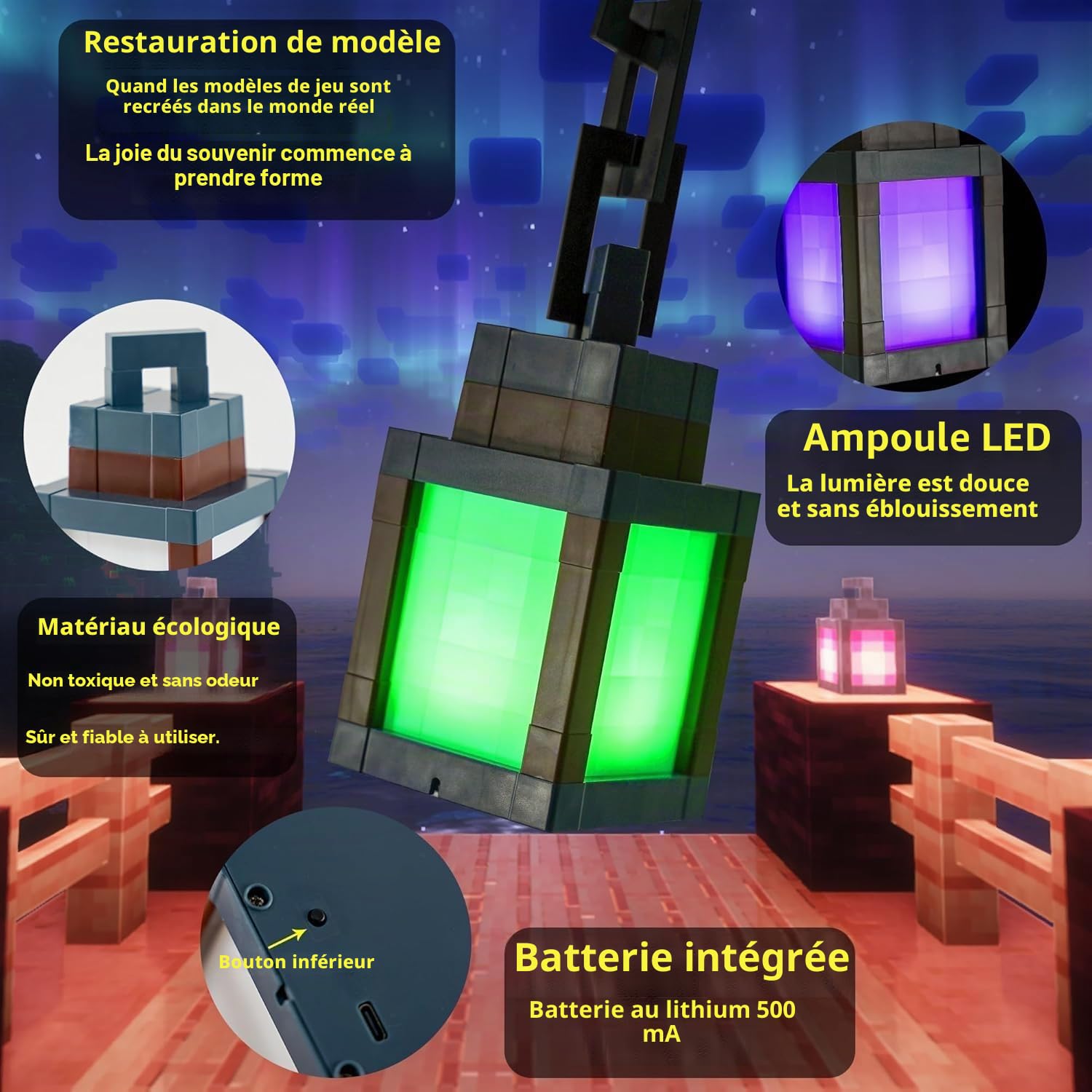 Lanterne 3D Pixelisée Veilleuse - Lampe de Nuit Rechargeable USB - 16 Couleurs LED avec Commutateur d'ambiance et Télécommande - Lumière de Montage au Mur ou sur Table, Idéale pour la Chambre, la