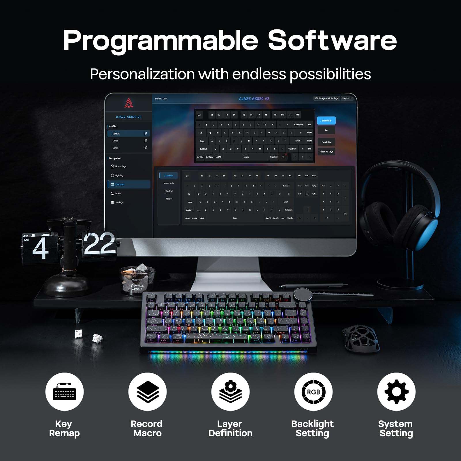 EPOMAKER AJAZZ AK820 V2 Tastiera da Gaming Meccanica Tri-Mode, Grande Manopola Personalizzabile, 2.4GHz/BT Wireless, 81 Tasti, Hot-Swap, Tasti in PBT, Layout 75% (Nero, Switch Crema di Cocco)