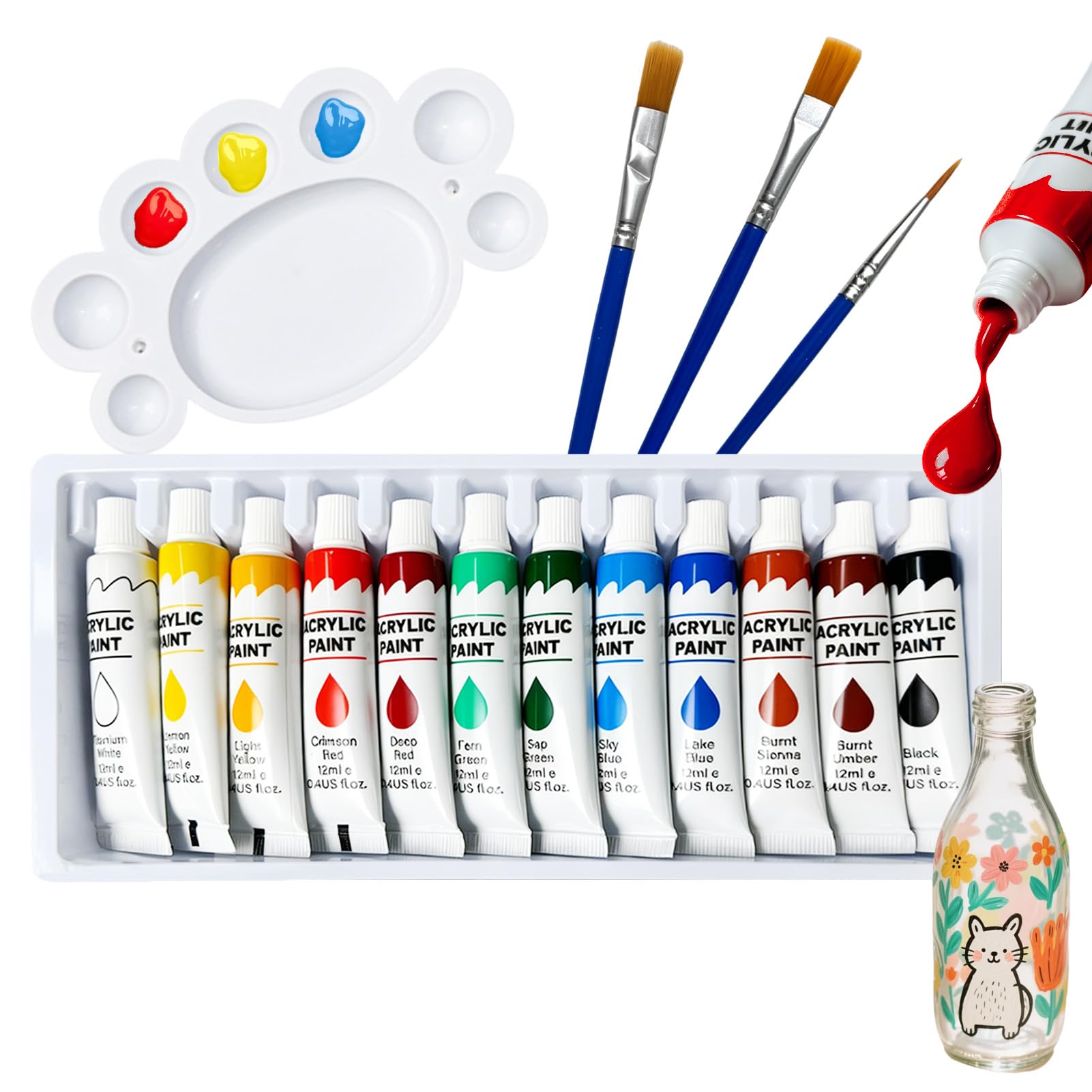 Peaflew 12 Colours Acrylic Paints for Glass Painting, Waterproof Stained Acrylic Paint with 3 Brushes for Adults, Gallery Acrylic Paint with 1 Palette for Windows, Rocks, Ceramics, Metal, Plastic